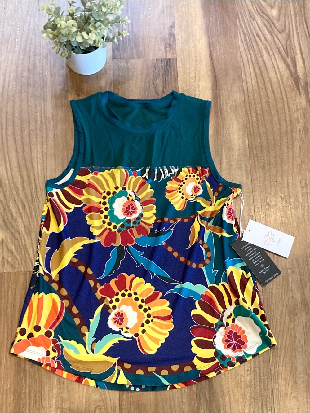 Johnny Was Active Teal Floral Tank Top NWT XS Can Fit S